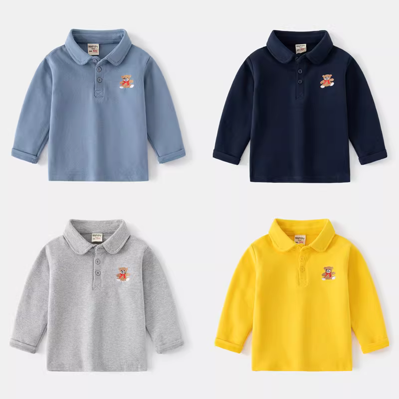 Áo polo dài tay trẻ em kiểu Hàn Quốc 2025 xuân thu, áo thun bé trai thời trang cổ trụ thêu, áo bé sơ sinh, quần áo trẻ em