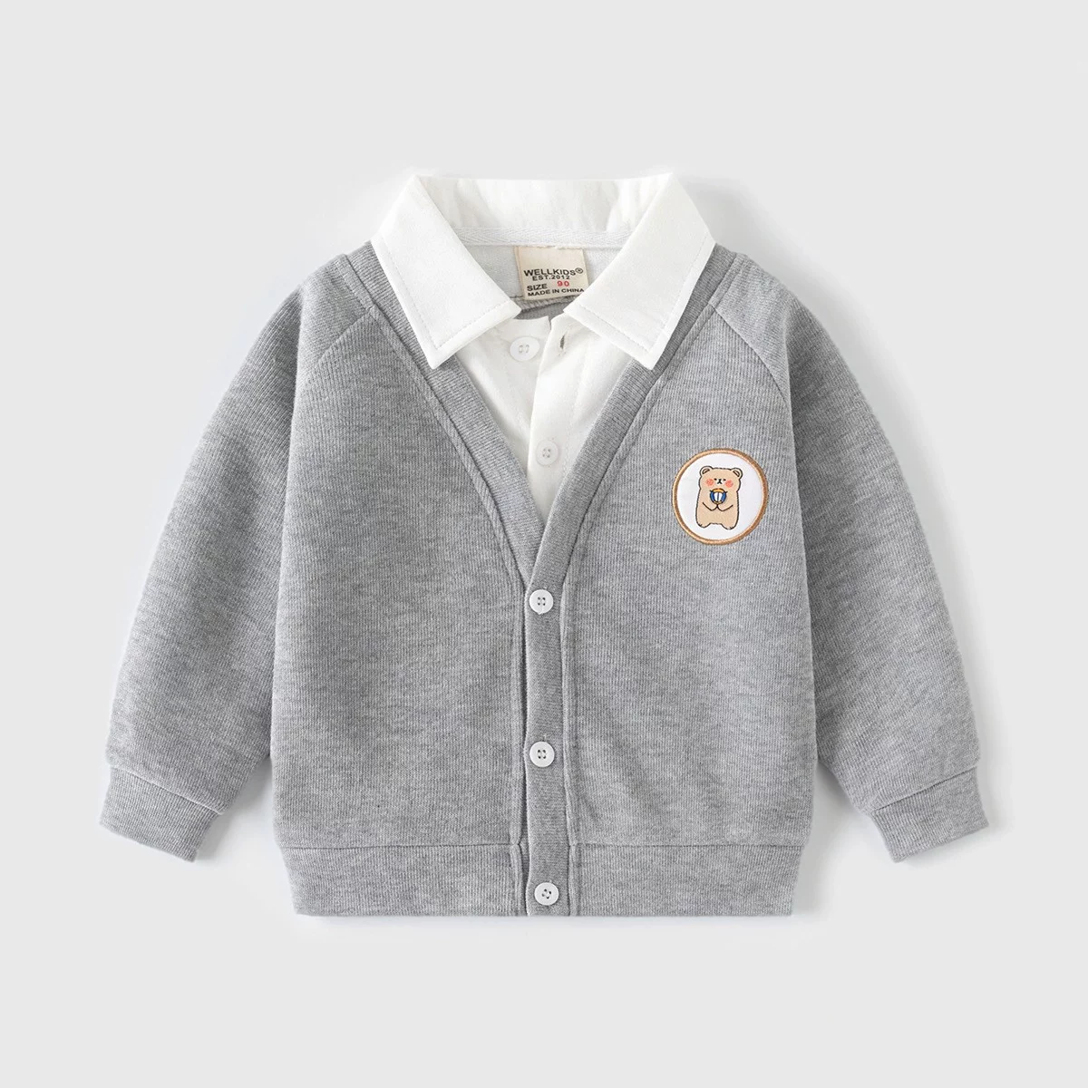 Áo khoác giả hai mảnh dành cho trẻ em, áo len cardigan mềm mại không mũ trùm đầu kiểu Hàn Quốc mới thời trang mùa xuân dành cho bé trai, hợp thời trang