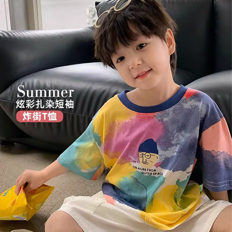 Áo thun in họa tiết tie-dye trẻ em hè 2025, thời trang trẻ em mới, áo bé trai phong cách mực Hàn Quốc, chất liệu cotton nguyên chất, tay ngắn