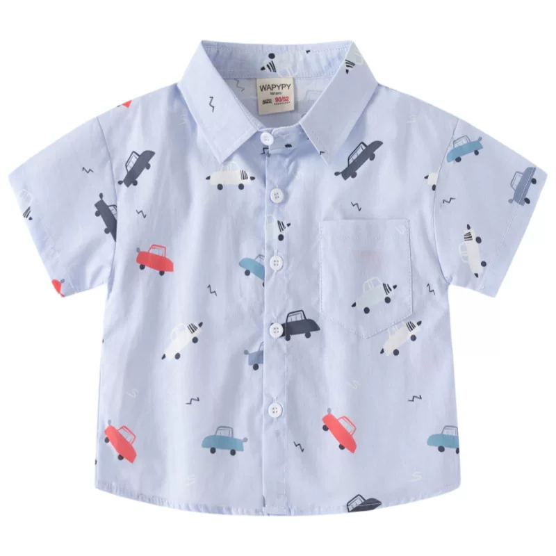Áo sơ mi ngắn tay cho bé trai, quần áo trẻ em thời trang, áo sơ mi cotton nguyên chất in kỹ thuật số phong cách Hàn Quốc mới 2025, áo bé, mỏng và hợp thời trang
