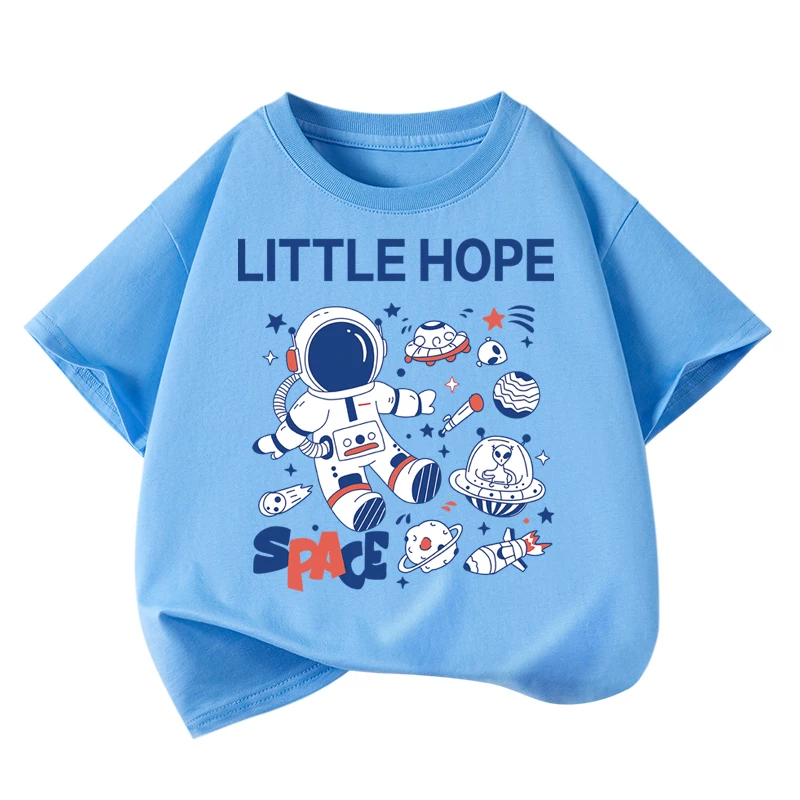 Áo thun bé trai chất liệu cotton 100%, tay ngắn, kiểu dáng thời trang mùa hè 2025, họa tiết phi hành gia hoạt hình, rộng rãi, hợp xu hướng
