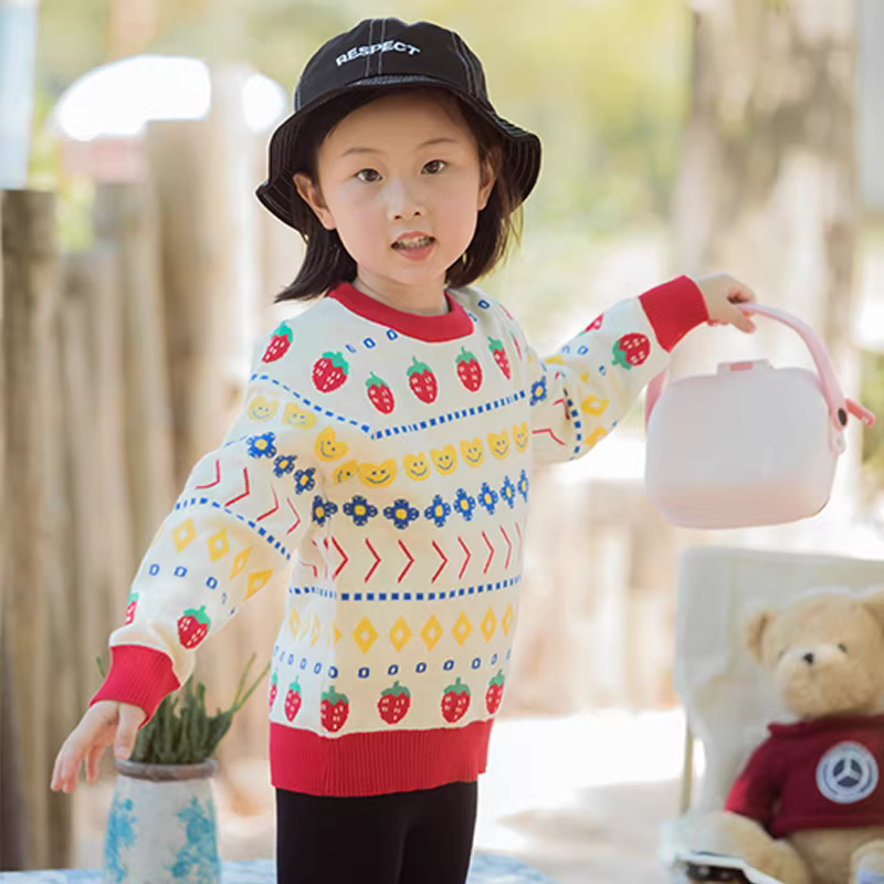 Áo len dệt kim bé gái xuân 2025 kiểu mới áo hoạt hình trẻ em áo len thời trang hai lớp