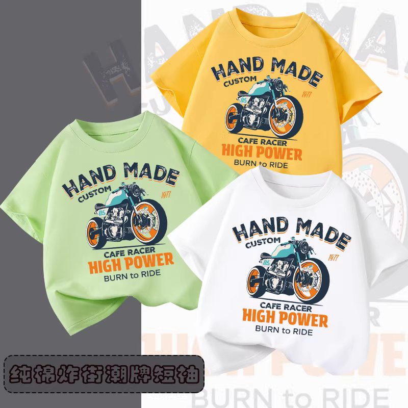 Áo thun cotton nguyên chất trẻ em hè 2025 kiểu dáng rộng cổ tròn thời trang dành cho bé trai áo ngắn tay phong cách xe máy thương hiệu trendy