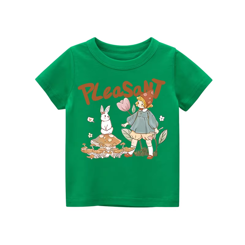 Áo thun nữ cotton nguyên chất tay ngắn kiểu hè mới 2025 họa tiết thỏ nhỏ và bé gái, áo thời trang, mặc hè, mỏng và thoáng khí.