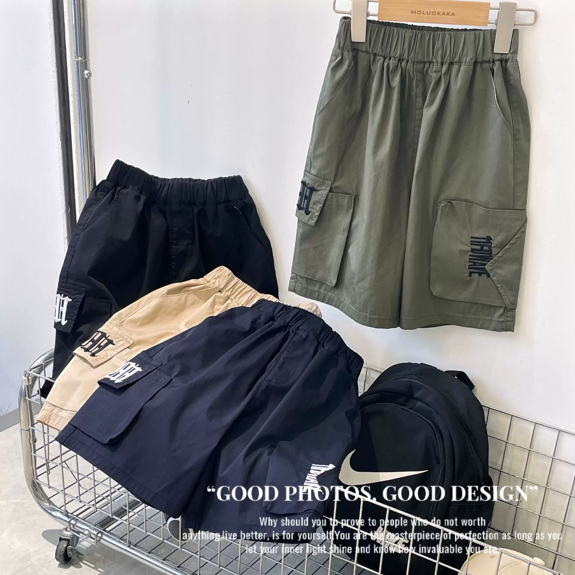 Quần short bé trai mặc ngoài, quần cargo phong cách hip-hop thời thượng cho trẻ lớn, dáng rộng, quần short năm điểm chất liệu cotton mỏng cho trẻ em.