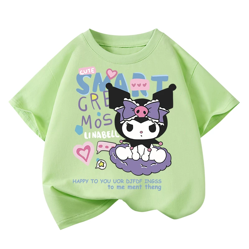 Áo thun ngắn tay thời trang cho bé gái, chất liệu cotton nguyên chất mặc mùa hè, kiểu dáng mới 2025, quần áo trẻ em cỡ trung và lớn, áo hoạt hình Kuromi dễ thương số 1