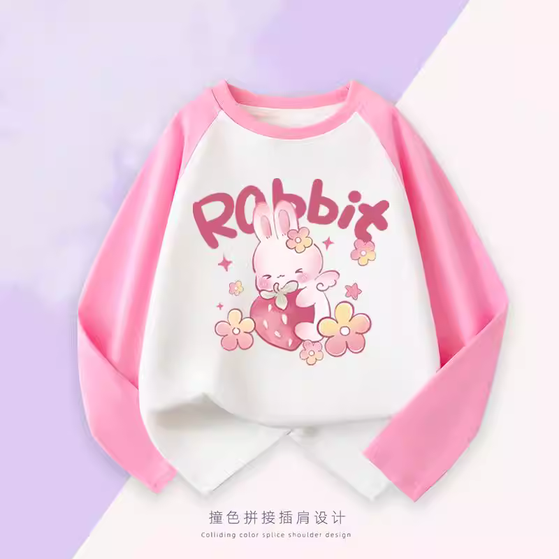 Áo thun dài tay trẻ em kiểu mới 2025, áo bé gái size trung và lớn, quần áo trẻ em xuân thu, tay raglan, chất liệu cotton nguyên chất, cổ tròn, áo lót thời trang