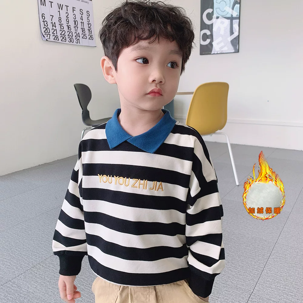 Áo thun polo bé trai áo thun chui đầu phong cách Hàn Quốc phong cách mùa xuân thu có lót lông cừu áo dài tay sọc trẻ em
