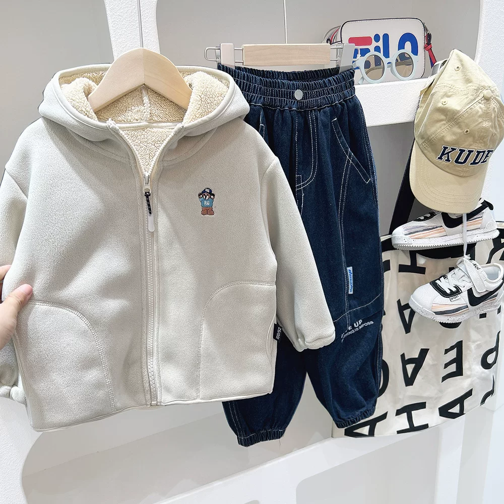 Áo khoác lót lông cừu cho bé trai, quần áo mùa đông bằng len cừu, áo khoác cotton dày cho trẻ em, áo khoác cotton có mũ mùa thu đông, hợp thời trang.