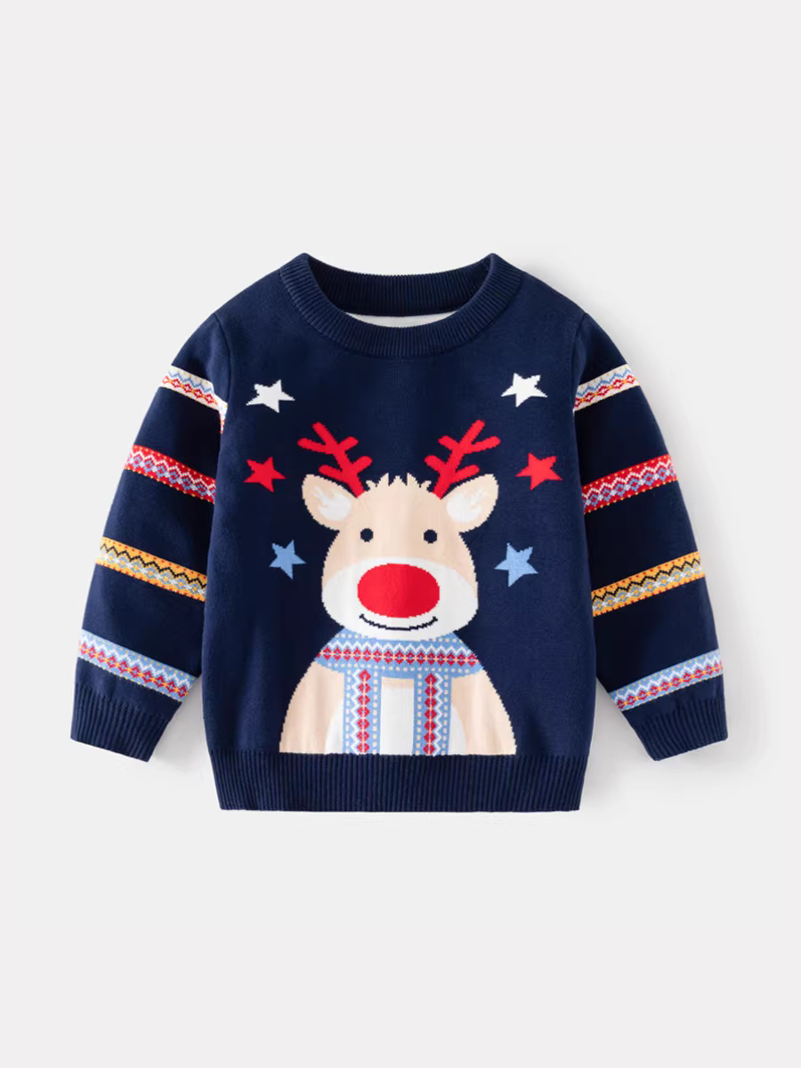 Áo len dệt kim hai lớp bằng sợi cotton cho trẻ em, kiểu xuân đông 2025, quần áo trẻ em, áo len tuần lộc Giáng sinh cho bé trai, áo lót giữ ấm