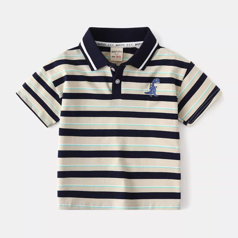 Áo polo ngắn tay bé trai kiểu mới hè 2025, áo thun bé sơ sinh cổ trụ kẻ sọc khủng long chất cotton 100% size 6