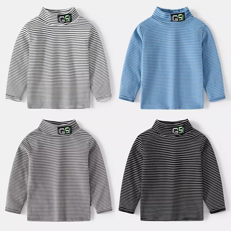 Áo thun dài tay cổ cao dành cho bé trai, quần áo trẻ em phong cách Hàn Quốc mùa xuân đông, áo sơ mi sọc nhung kiểu Đức sành điệu cho bé