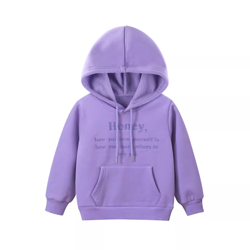 Áo nỉ trẻ em mùa xuân đông 2025 kiểu Hàn Quốc mới, áo hoodie có mũ thêu chữ ấm áp cho bé gái