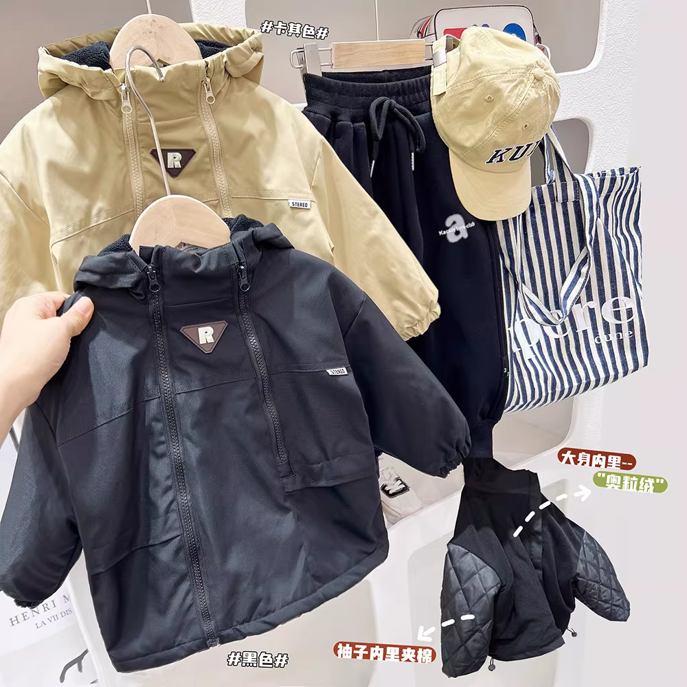 Áo khoác gió có mũ lót lông cừu cho bé trai mùa xuân đông 2025, kiểu dáng thời trang, áo khoác cotton dày giữ ấm cho trẻ em, hợp xu hướng