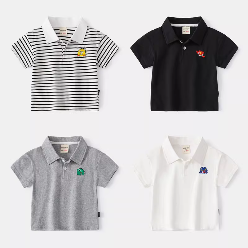 Áo thun ngắn tay trẻ em hè 2025 kiểu Hàn Quốc, áo polo bé trai thêu cổ, áo bé mặc thường ngày họa tiết hoạt hình