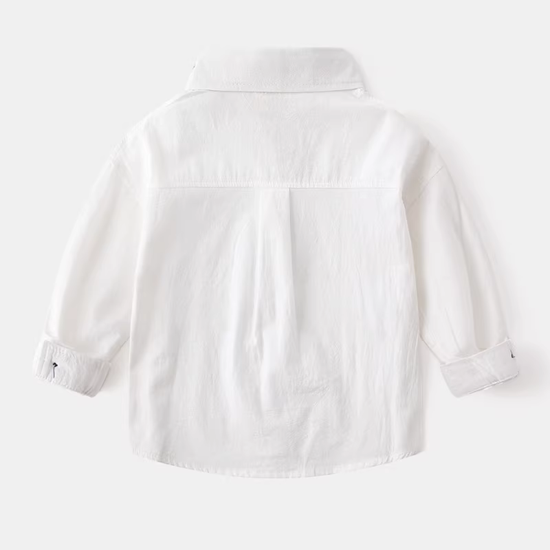 Áo sơ mi cotton nguyên chất cho bé trai có thêu chữ, áo sơ mi dài tay cổ rộng có cổ rộng màu trơn phong cách Hàn Quốc mùa thu mới dành cho trẻ em