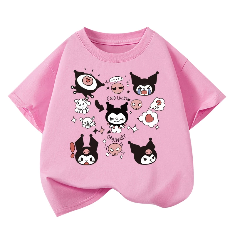 Áo thun cotton ngắn tay Little Hope cho bé gái, áo mùa hè dễ thương Kuromi dành cho trẻ lớn, kiểu dáng rộng, tay lửng