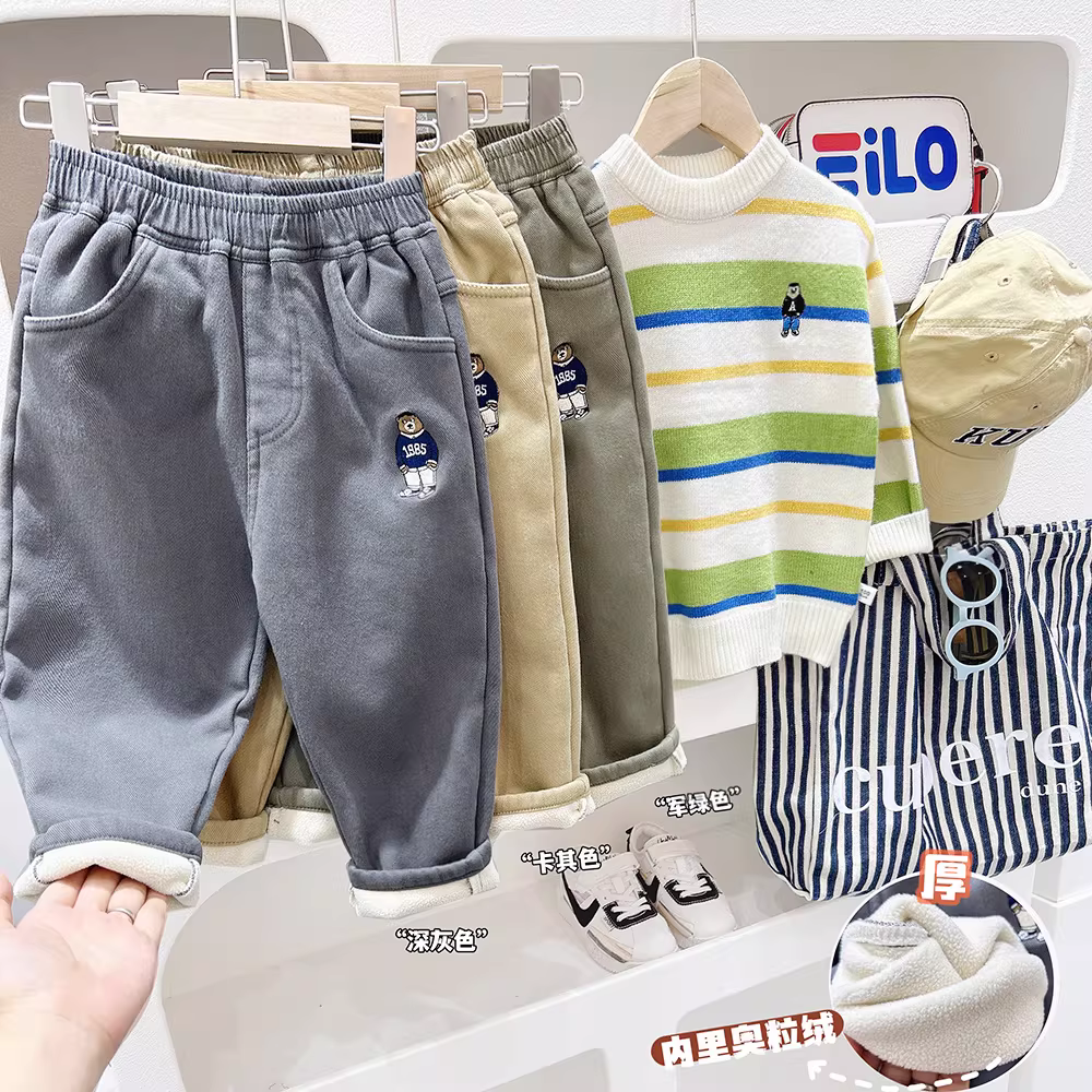 Quần dài lót lông cừu cho bé trai, mùa xuân đông 2025, quần áo mùa đông cho bé trai, quần dài dày giữ ấm cho trẻ lớn, kiểu dáng thời trang.
