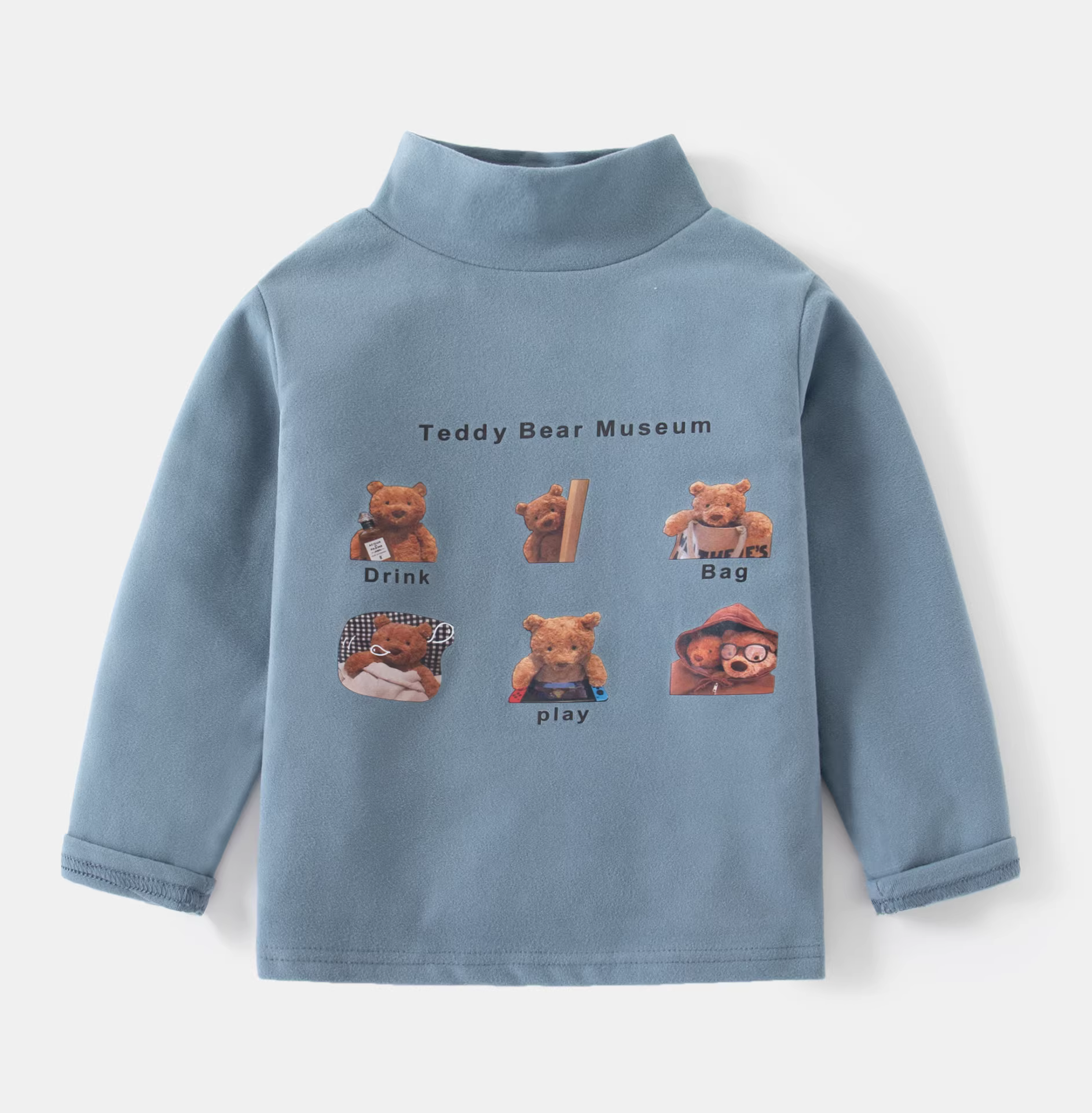 Áo thun dài tay cổ cao cho trẻ em, phong cách Hàn Quốc và Nhật Bản, thiết kế hình gấu hoạt hình mùa xuân đông, áo lót bé trai, áo lót giữ nhiệt cho bé 2