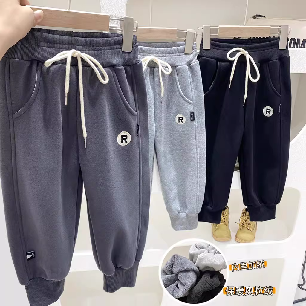 Quần thể thao trẻ em mùa xuân đông phong cách Hàn Quốc quần dài bé trai lót lông cừu ấm áp quần dài phong cách giản dị