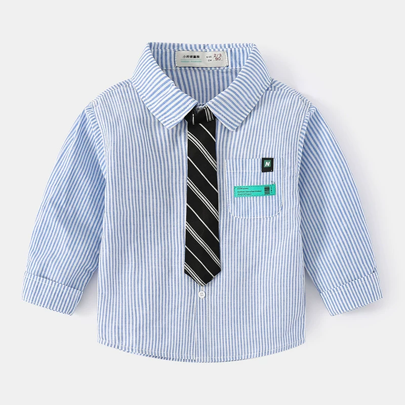 Áo sơ mi dài tay kẻ sọc cho bé trai, kiểu xuân thu, thời trang mới năm 2025, áo sơ mi trẻ em có cổ kèm cà vạt nhỏ