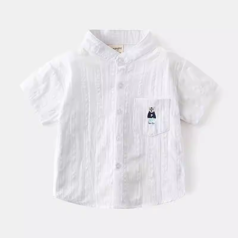 Áo sơ mi ngắn tay bé trai kiểu Hàn Quốc mới 2025, dáng rộng, cổ đứng, màu trơn, thêu, chất liệu mỏng