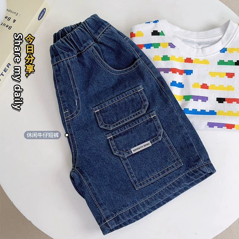 Quần short denim bé trai kiểu mới hè 2025, quần trẻ em thời trang, quần bé mặc thường ngày dài đến đầu gối mùa hè