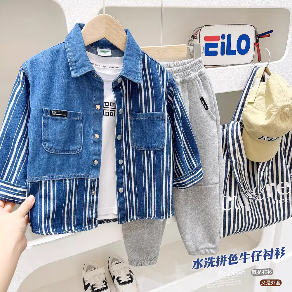 Áo khoác denim cho bé trai mùa xuân thu áo kiểu giản dị phong cách mới dành cho bé trai lớn hơn sọc thời trang mùa xuân quần áo áo sơ mi trẻ em