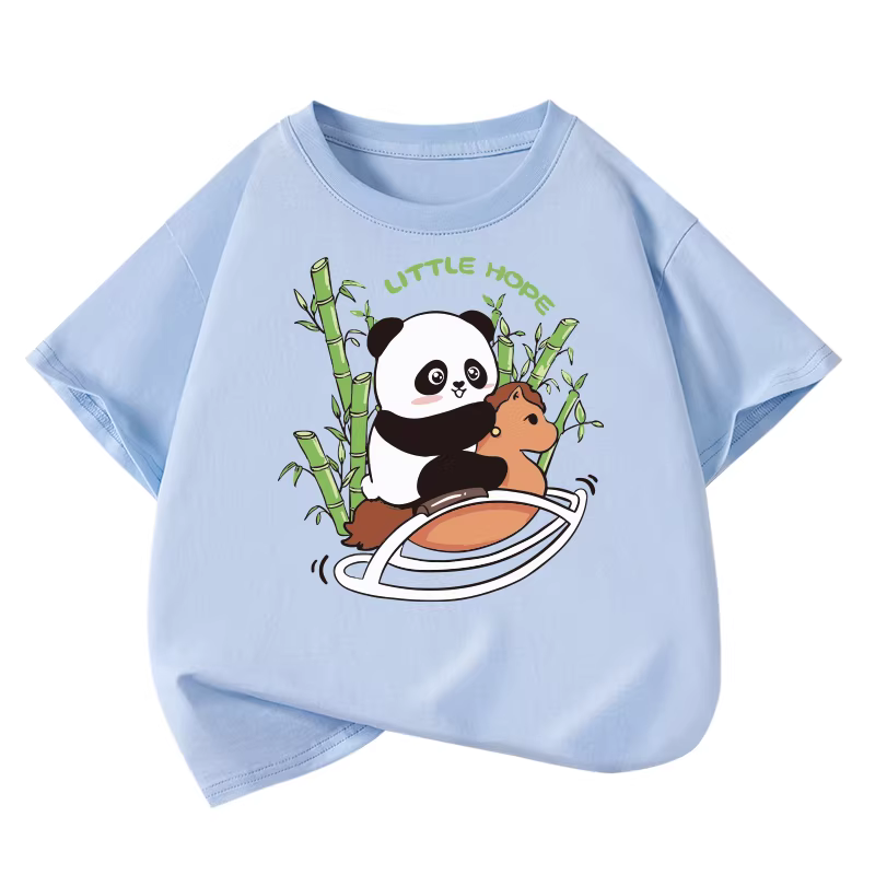 Áo thun ngắn tay trẻ em chất liệu cotton 100% mẫu mới hè 2025 áo bé trai rộng rãi tay lửng áo thun bé gái họa tiết gấu trúc