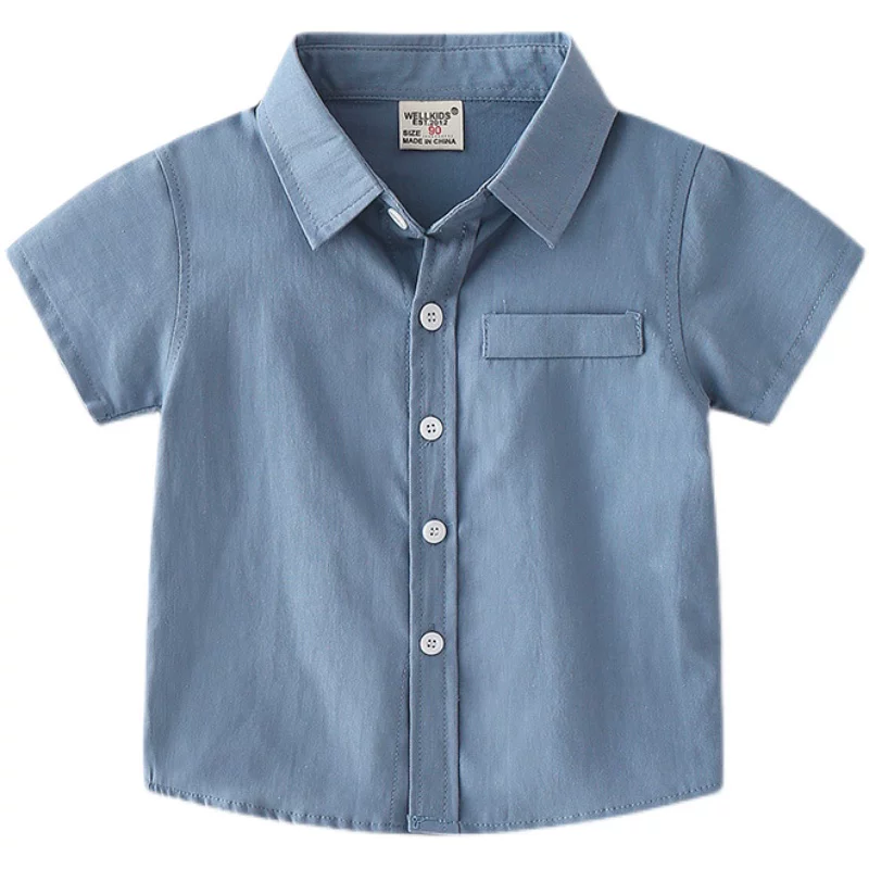 Áo sơ mi ngắn tay cho bé trai, kiểu dáng mùa hè mới, thiết kế cổ áo bằng vải cotton màu trơn, kiểu dáng mỏng hợp thời trang giản dị dành cho trẻ nhỏ và trẻ trung bình