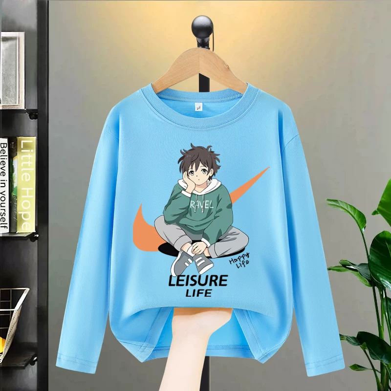 Áo thun cotton nguyên chất cho bé trai, cổ tròn, in họa tiết, phong cách xuân thu, áo thun chui đầu thông thường hợp thời trang cho bé trai, áo thun dài tay cho trẻ em