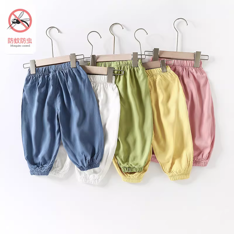 Quần chống muỗi cho trẻ em, kiểu dáng mỏng mùa hè, trang phục mùa hè cho bé trai và bé gái, quần đèn lồng bằng vải lanh cotton lụa băng, quần dài điều hòa bằng vải rayon rộng rãi, hợp thời trang.