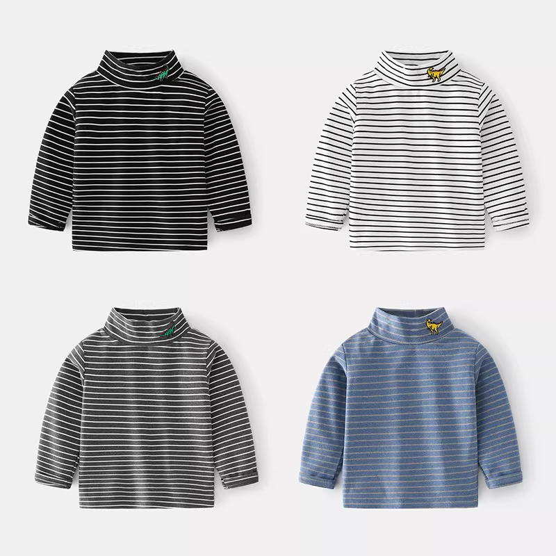 Áo thun cổ lọ bé trai chất liệu nhung Đức kẻ sọc, kiểu mới xuân đông 2025, thời trang trẻ em, ấm áp, tay dài, phong cách trẻ trung