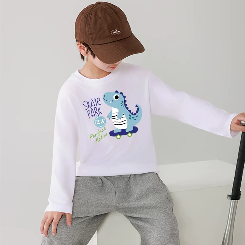 Áo thun dài tay trẻ em thương hiệu thời thượng, chất liệu cotton nguyên chất, dáng rộng, quần áo xuân thu bé trai 2025, áo thun bé trai in hình khủng long hoạt hình, áo lót.