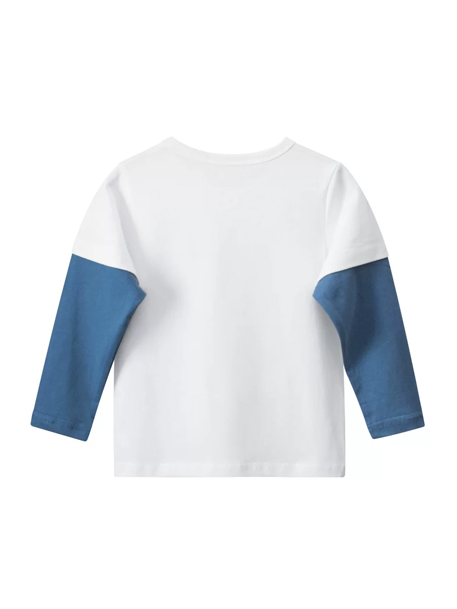 Áo thun dài tay cho bé trai, xuân thu 2025, thiết kế hai mảnh hình khủng long hoạt hình, cổ tròn, áo thun cotton nguyên chất thông thường cho bé trai.