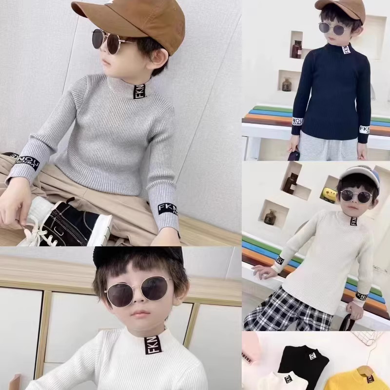 Áo len nửa cổ cao cho bé trai, mẫu mới mùa xuân, thời trang mùa đông cho bé gái, áo len in chữ, áo lót dài tay