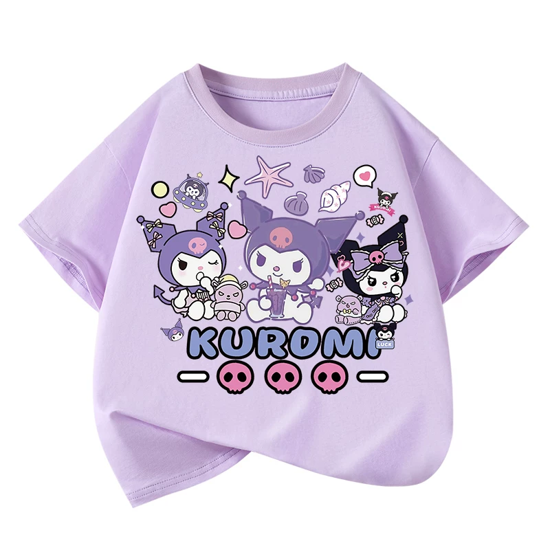 Áo thun ngắn tay 100% cotton nguyên chất cho bé gái, cổ tròn, mặc mùa hè, phong cách hoạt hình Nhật Bản, quần áo rộng rãi hợp thời trang cho trẻ lớn, tay lửng.