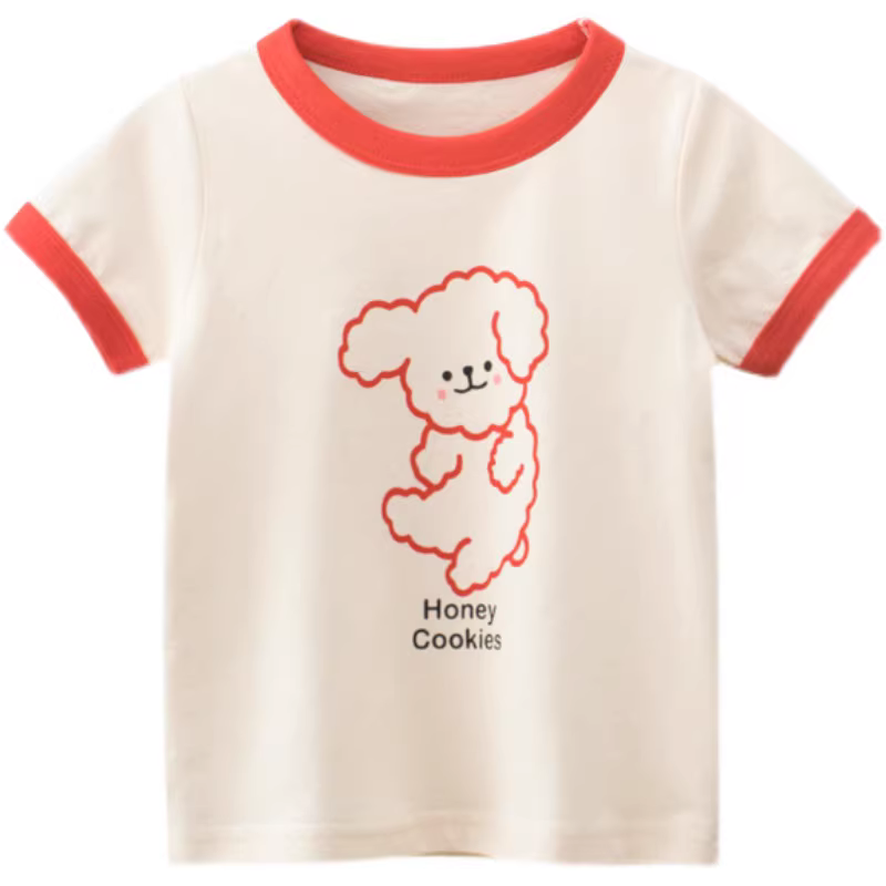 Áo thun bé gái mùa hè kiểu Hàn Quốc 2025, họa tiết hoạt hình, tay ngắn, chất liệu cotton nguyên chất, cổ tròn, kiểu dáng năng động, thấm hút mồ hôi