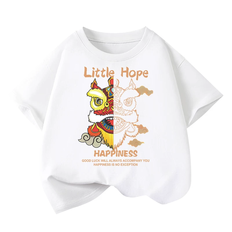 Áo thun ngắn tay Little Hope cho trẻ em mùa hè 2025, kiểu dáng rộng rãi và thời trang, phong cách Trung Hoa, chất liệu cotton nguyên chất dành cho bé trai lớn