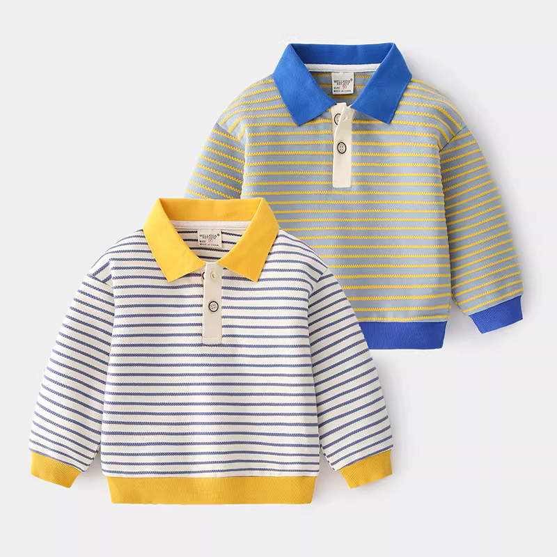 Áo thun bé trai cổ sọc màu hải quân hai màu thời trang mùa xuân 2025 kiểu dáng năng động