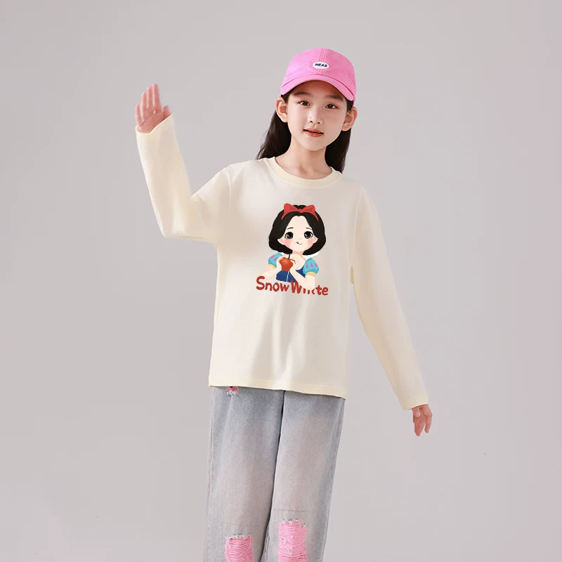 Áo thun dài tay cho bé gái, kiểu xuân thu mới, áo sơ mi cotton mỏng nguyên chất cho trẻ em cỡ vừa và lớn, trang phục mùa thu công chúa hoạt hình sành điệu cho trẻ em.
