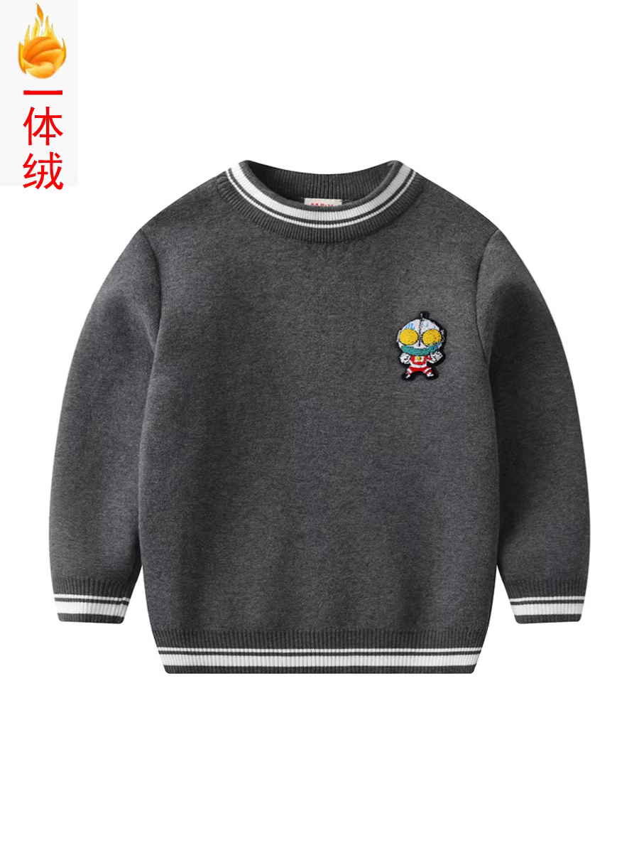 Áo len bé trai mùa đông kiểu mới một mảnh lông cừu thêu hoạt hình cổ tròn lót lông cừu dày dặn giữ ấm cho bé