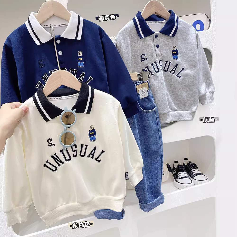 Áo Polo dài tay bé trai thu đông 2025, áo lót trẻ em, áo thun cổ thêu, áo rộng rãi cho trẻ lớn