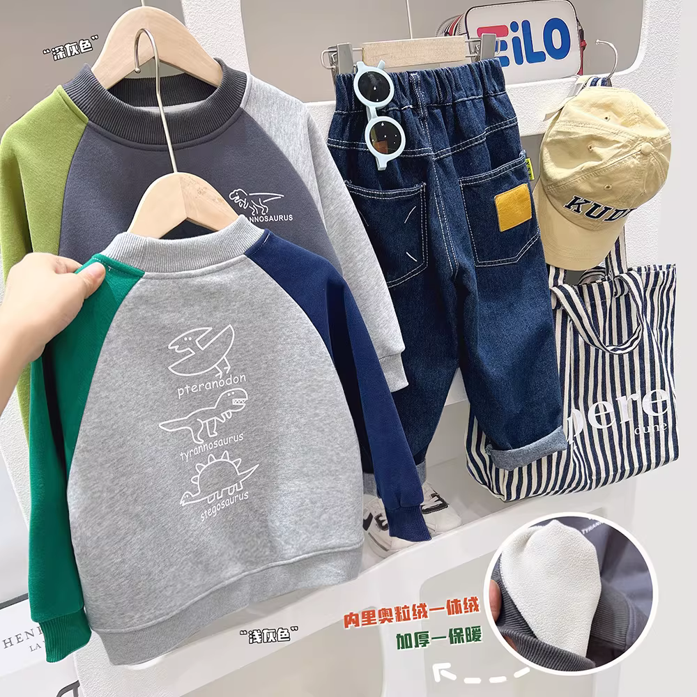 Áo len trẻ em mùa xuân, bộ đồ xuân/thu đông 2025 kiểu mới, áo thời trang cho trẻ lớn, áo bé trai ấm áp, lót lông cừu, cổ tròn, tay dài