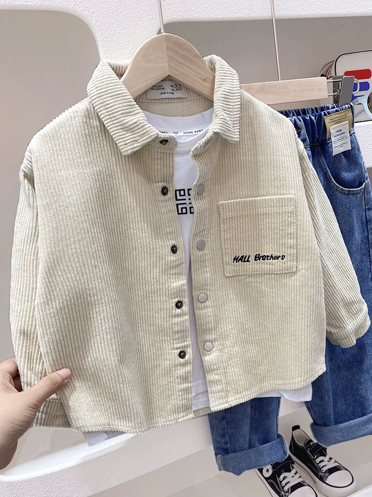 Áo khoác sơ mi nhung kẻ cho bé trai, kiểu mới xuân 2025, áo sơ mi dài tay dày cho trẻ em, áo cardigan dày cho bé, top 3