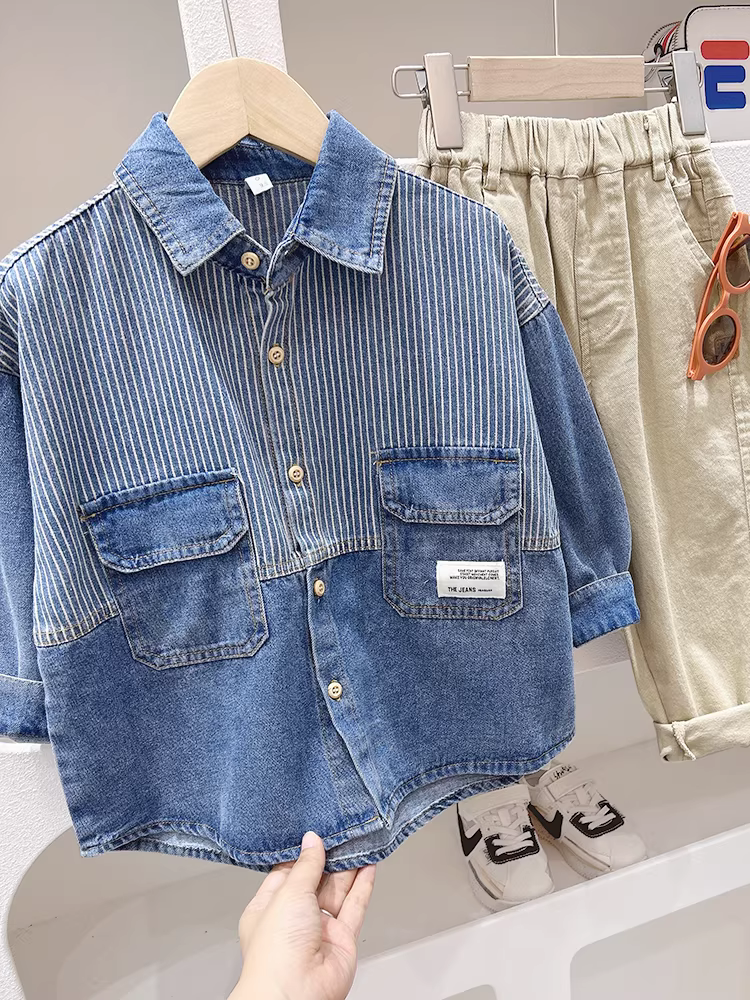 Áo sơ mi denim trẻ em có họa tiết sọc, áo cotton nguyên chất cho bé, quần áo trẻ em mùa xuân thu sành điệu, áo sơ mi dài tay bé trai phong cách Hàn Quốc