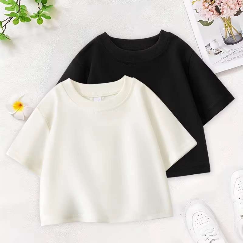 Áo ngắn cho bé gái, phong cách mùa hè mới, quần áo trẻ em thời trang, áo thun cổ tròn siêu ngắn bằng cotton nguyên chất cho bé gái