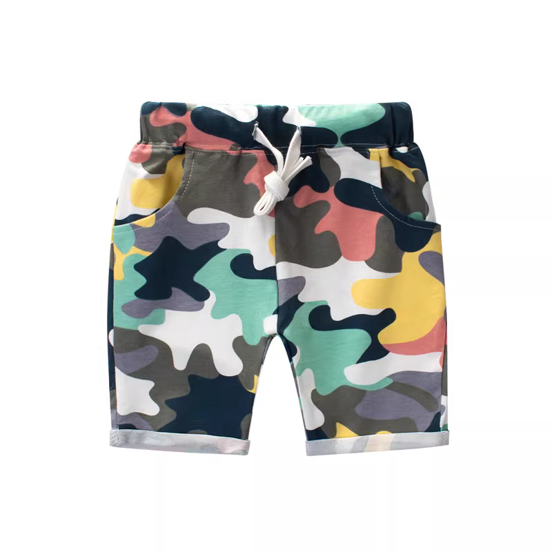 Quần kaki ngụy trang hè 2025 chất liệu cotton 100% kiểu Hàn Quốc dành cho bé trai, quần đùi trẻ em, quần trẻ em dài đến đầu gối, thích hợp mặc ngoài trời