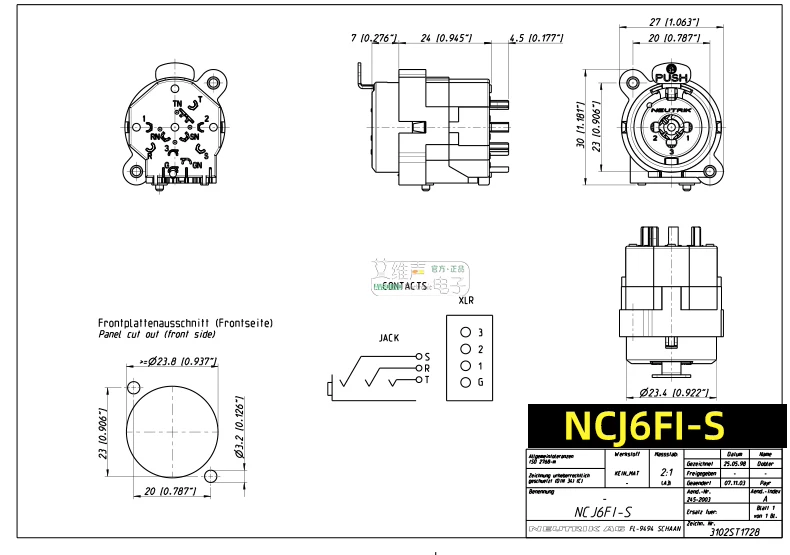 NEUTRIK NCJ6FI-S XLR đầu nối cái đa năng ổ cắm âm thanh nổi 6.35 đa năng hàn PCB H
