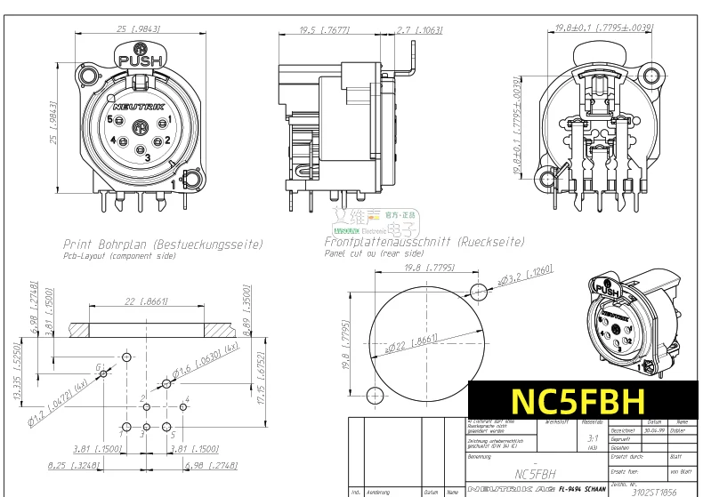NC5FBH Đầu nối XLR nữ năm lõi Neutrik 4 chân gắn PCB ngang 5 chân chiếu sáng 3 lỗ